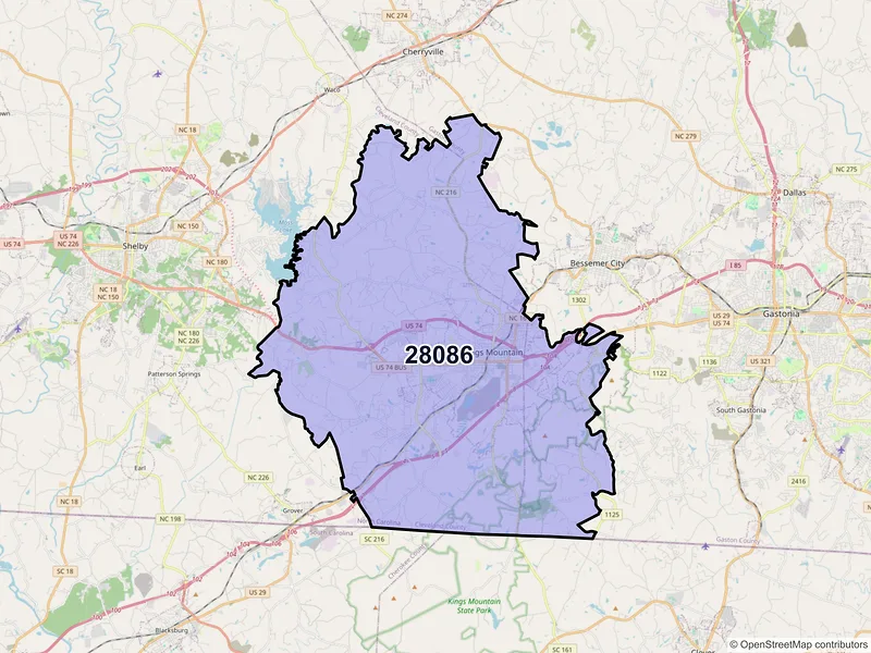 Map of Kings Mountain, North Carolina and ZIP codes