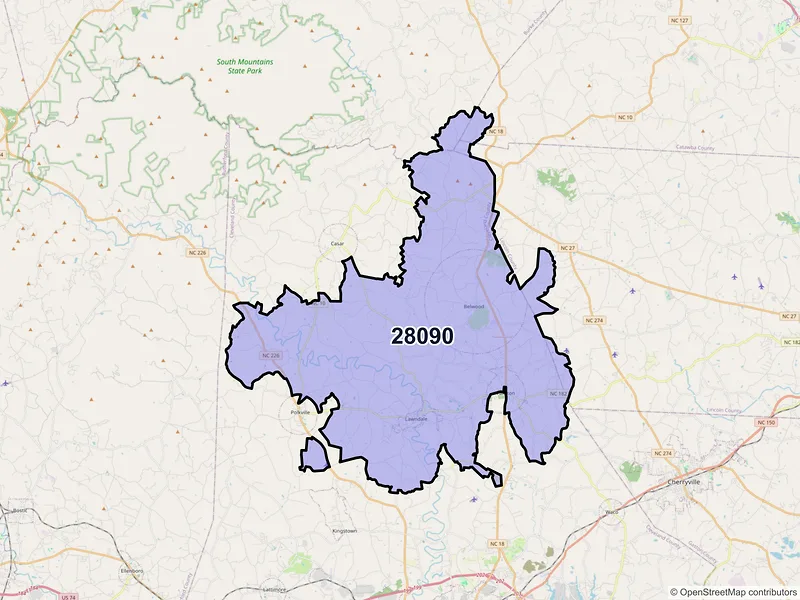 Map of ZIP Code 28090 — Lawndale, NC