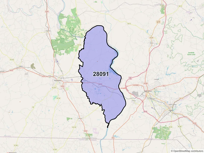 Map of ZIP Code 28091 — Lilesville, NC