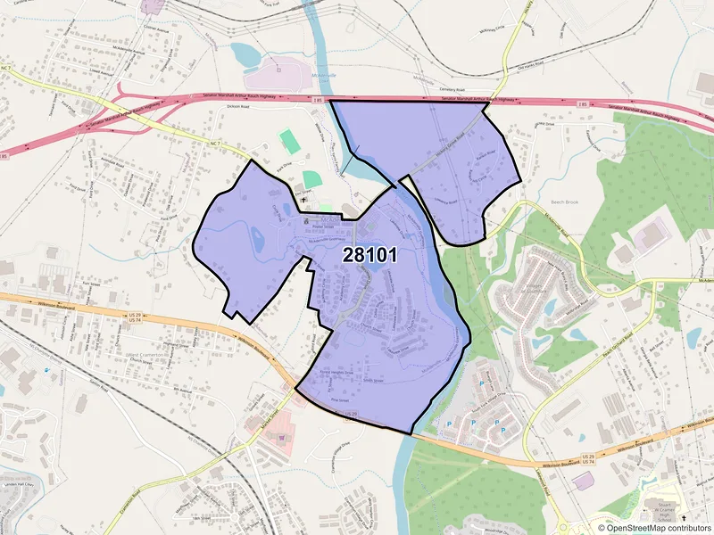 Map of ZIP Code 28101 — Mc Adenville, NC