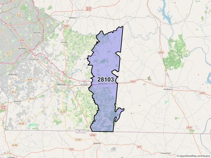 Map of ZIP Code 28103 — Marshville, NC
