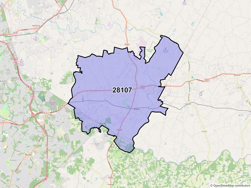 Map of ZIP Code 28107 — Midland, NC