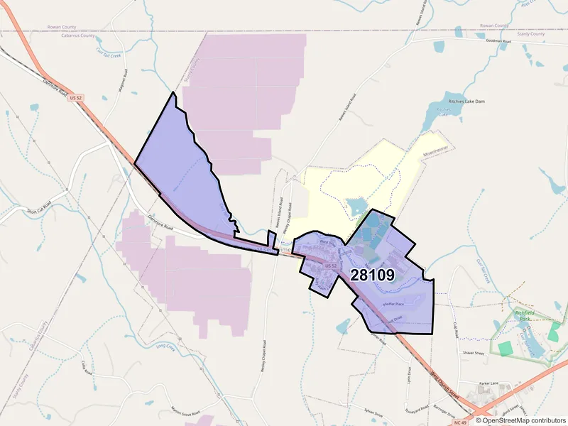 Map of Misenheimer, North Carolina and ZIP codes