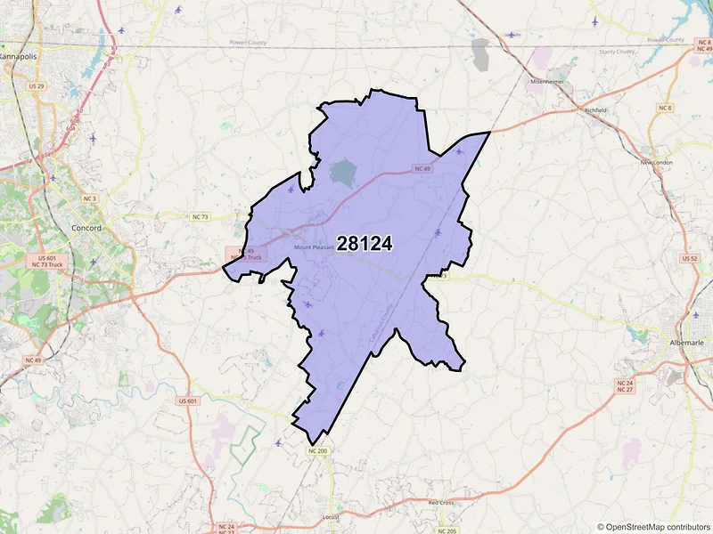 Map of ZIP Code 28124 — Mount Pleasant, NC