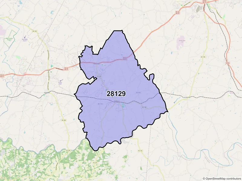 Map of ZIP Code 28129 — Oakboro, NC