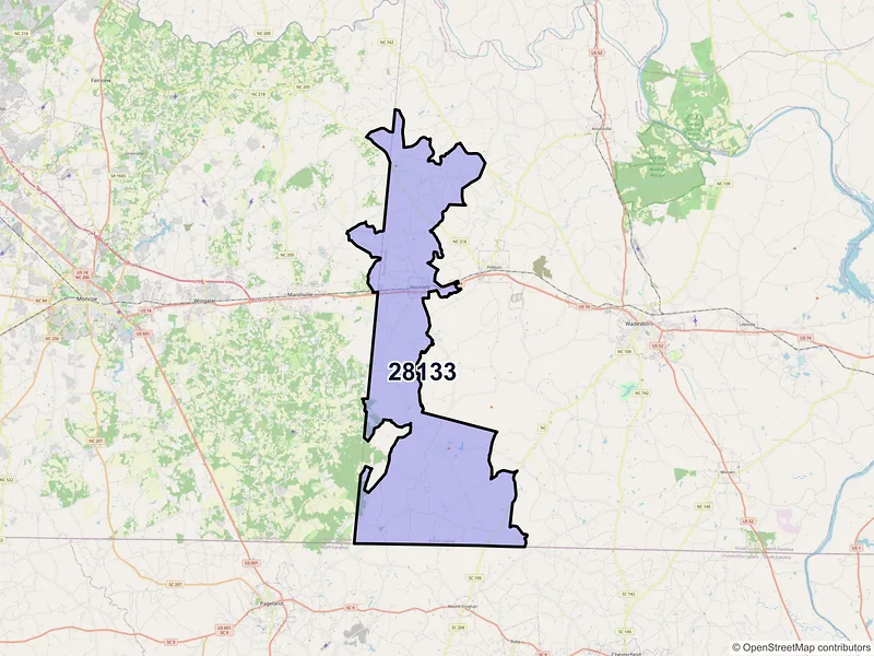Map of Peachland, North Carolina and ZIP codes