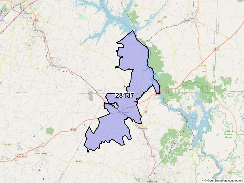 Map of Richfield, North Carolina and ZIP codes