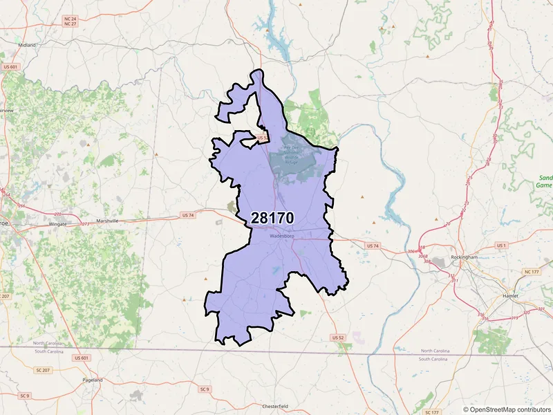 Map of ZIP Code 28170 — Wadesboro, NC
