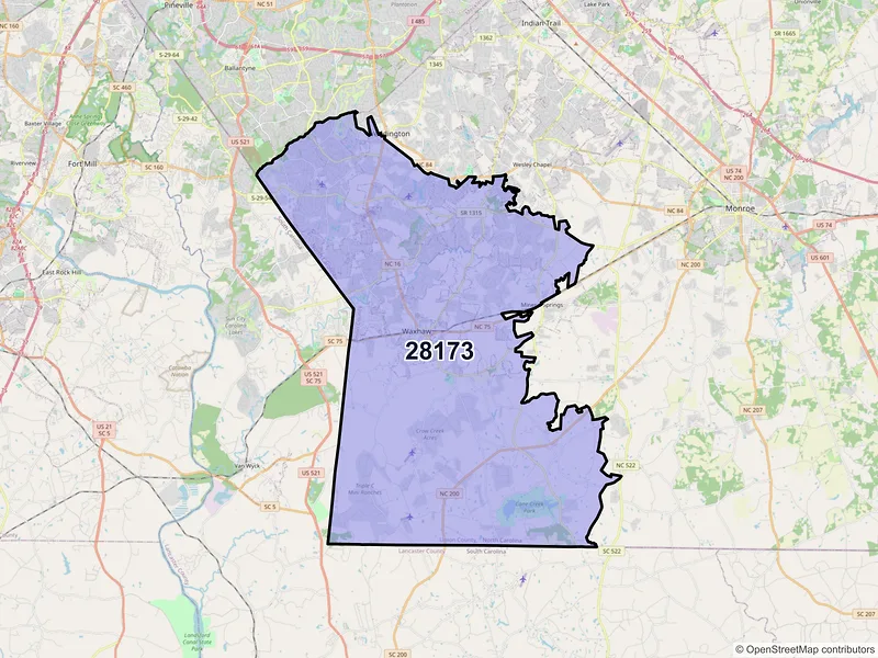 Map of ZIP Code 28173 — Waxhaw, NC