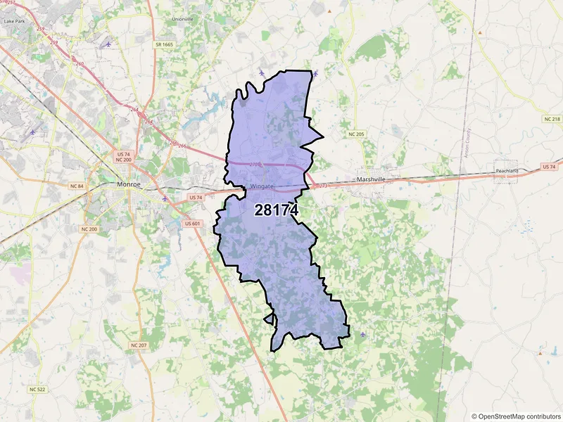 Map of Wingate, North Carolina and ZIP codes