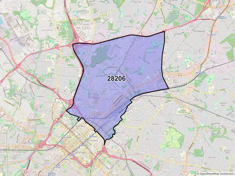 Map of ZIP Code 28206 — Charlotte, NC