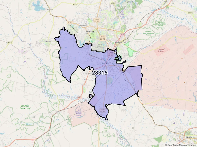 Map of Aberdeen, North Carolina and ZIP codes