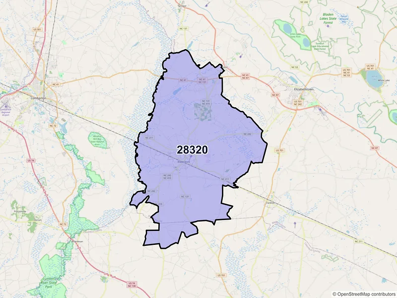Map of ZIP Code 28320 — Bladenboro, NC