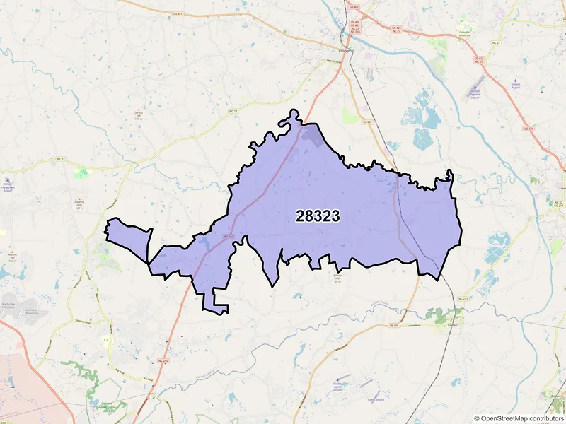 Map of ZIP Code 28323 — Bunnlevel, NC