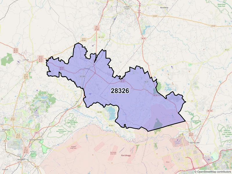 Map of Cameron, North Carolina and ZIP codes