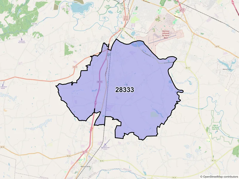 Map of ZIP Code 28333 — Dudley, NC