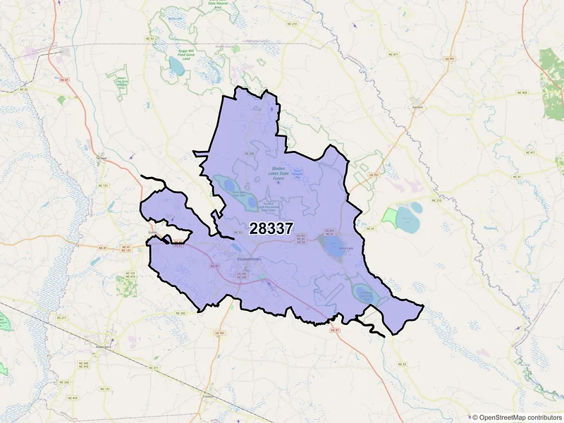 Map of Elizabethtown, North Carolina and ZIP codes