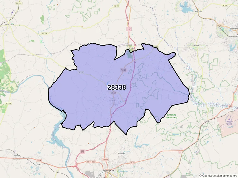 Map of ZIP Code 28338 — Ellerbe, NC