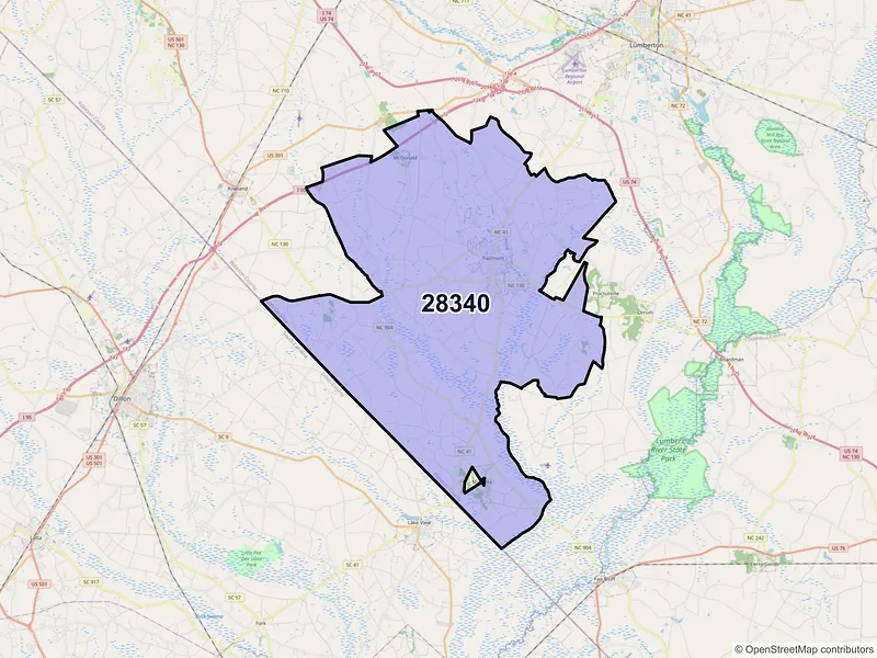 Map of ZIP Code 28340 — Fairmont, NC