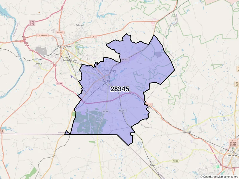 Map of ZIP Code 28345 — Hamlet, NC