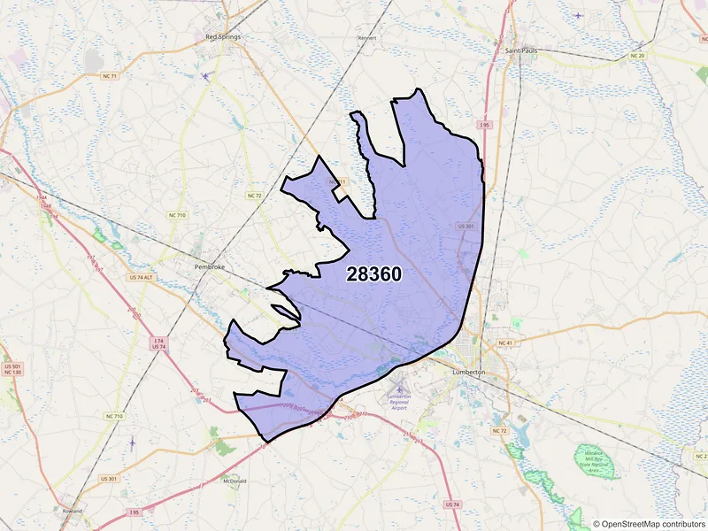 Map of ZIP Code 28360 — Lumberton, NC