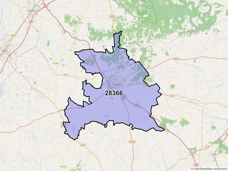 Map of ZIP Code 28366 — Newton Grove, NC