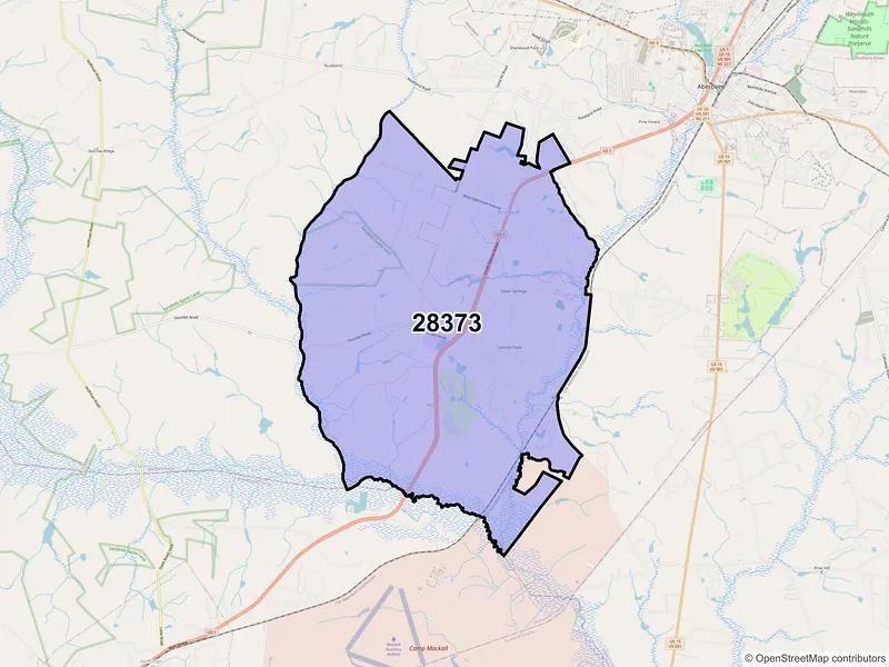 Map of Pinebluff, North Carolina and ZIP codes