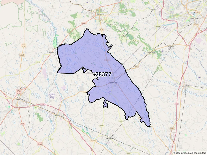 Map of Red Springs, North Carolina and ZIP codes