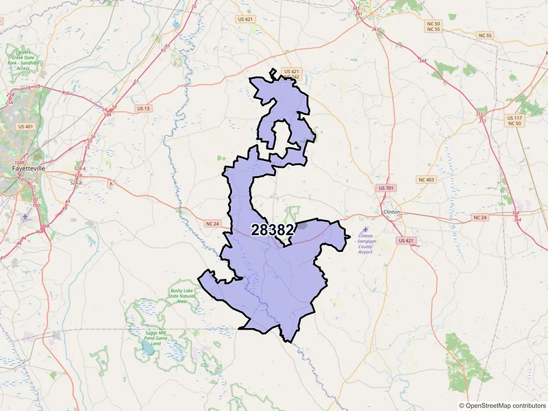 Map of Roseboro, North Carolina and ZIP codes