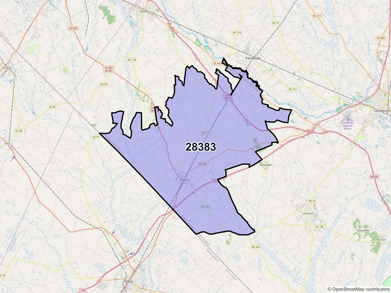 Map of ZIP Code 28383 — Rowland, NC