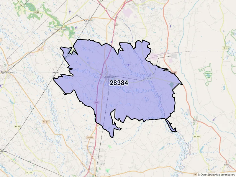 Map of ZIP Code 28384 — Saint Pauls, NC