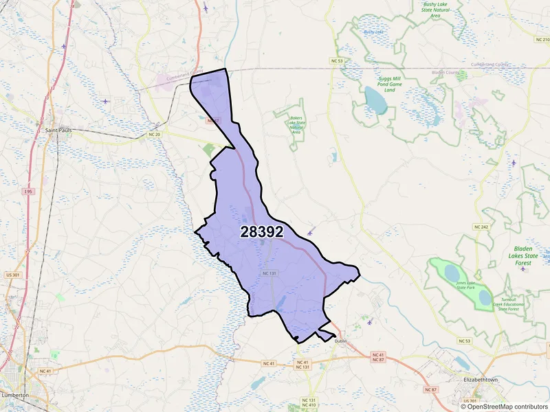 Map of ZIP Code 28392 — Tar Heel, NC