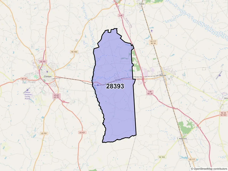 Map of Turkey, North Carolina and ZIP codes