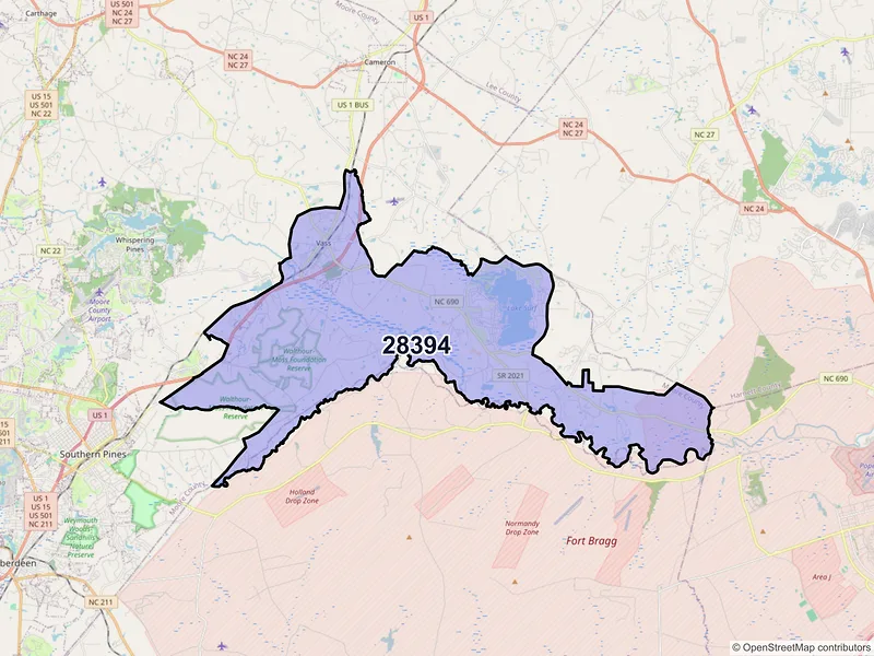 Map of Vass, North Carolina and ZIP codes