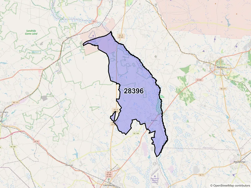 Map of ZIP Code 28396 — Wagram, NC
