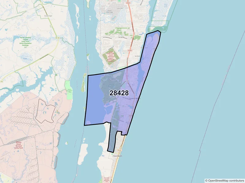 Map of Carolina Beach, North Carolina and ZIP codes