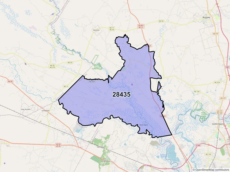 Map of ZIP Code 28435 — Currie, NC