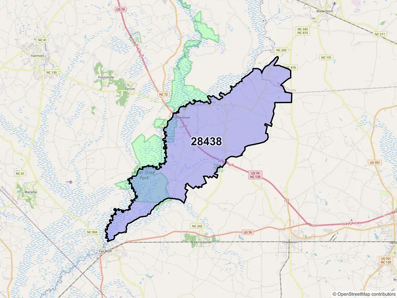 Map of ZIP Code 28438 — Evergreen, NC
