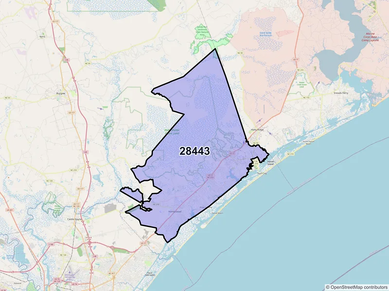 Map of ZIP Code 28443 — Hampstead, NC