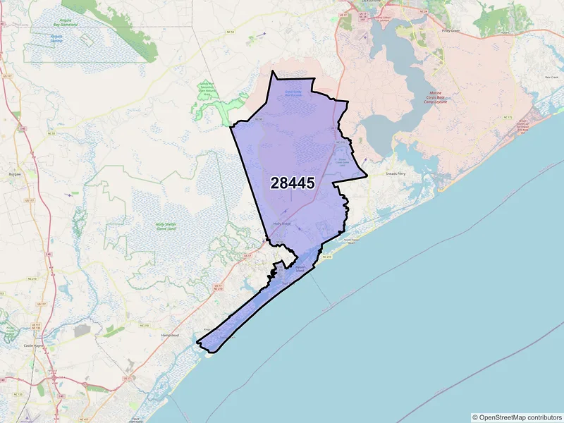 Map of ZIP Code 28445 — Holly Ridge, NC
