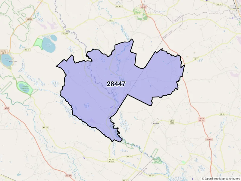 Map of ZIP Code 28447 — Ivanhoe, NC