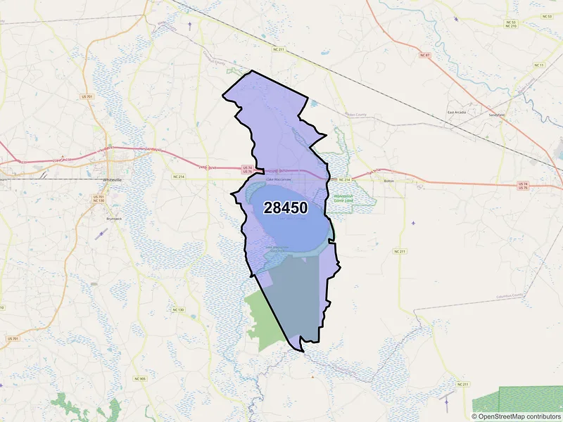 Map of ZIP Code 28450 — Lake Waccamaw, NC