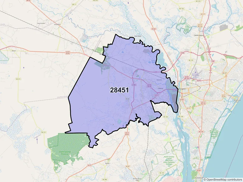 Map of ZIP Code 28451 — Leland, NC