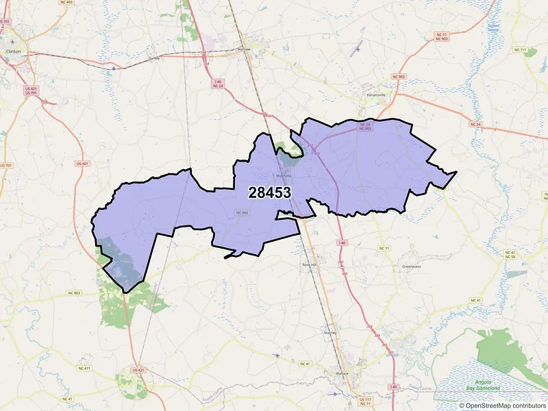 Map of Magnolia, North Carolina and ZIP codes