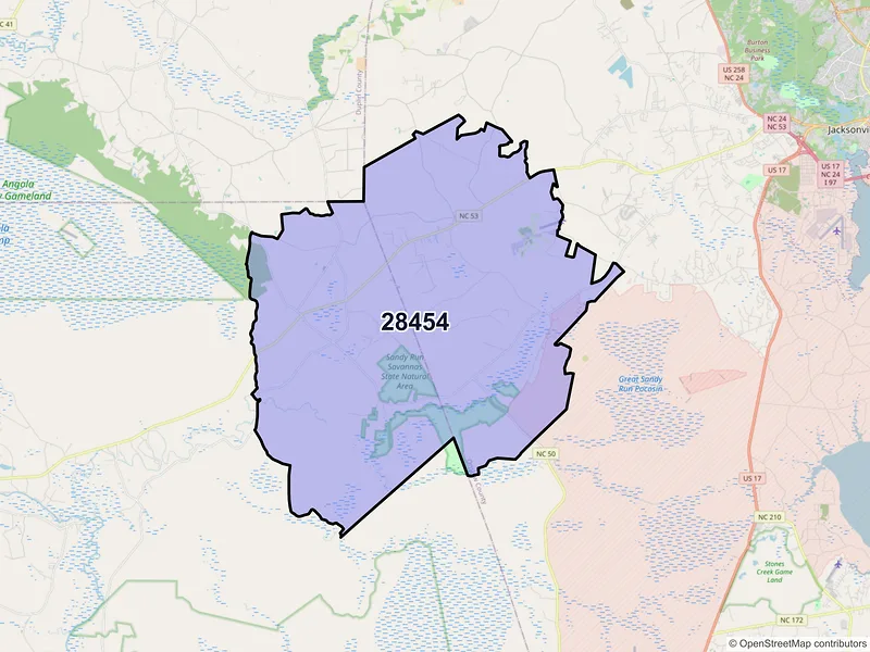 Map of ZIP Code 28454 — Maple Hill, NC