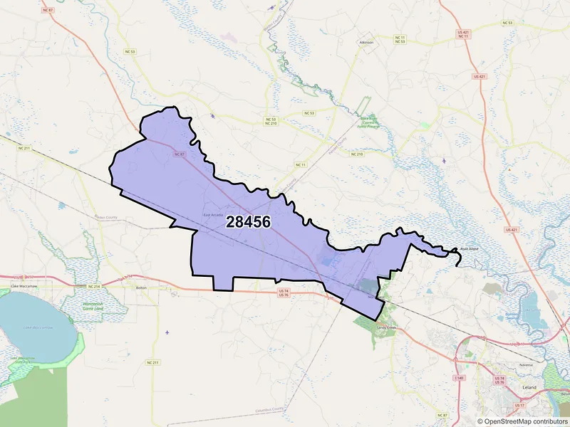 Map of Riegelwood, North Carolina and ZIP codes