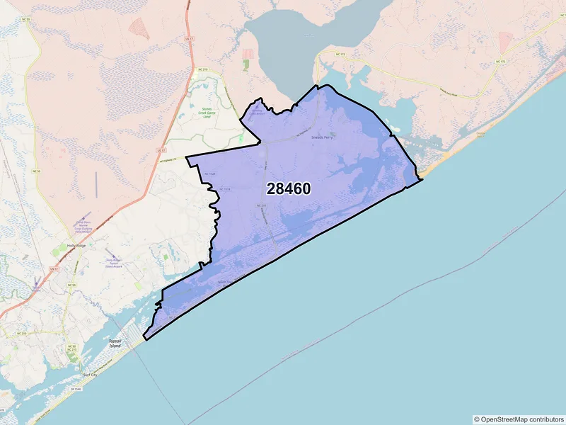 Map of ZIP Code 28460 — Sneads Ferry, NC