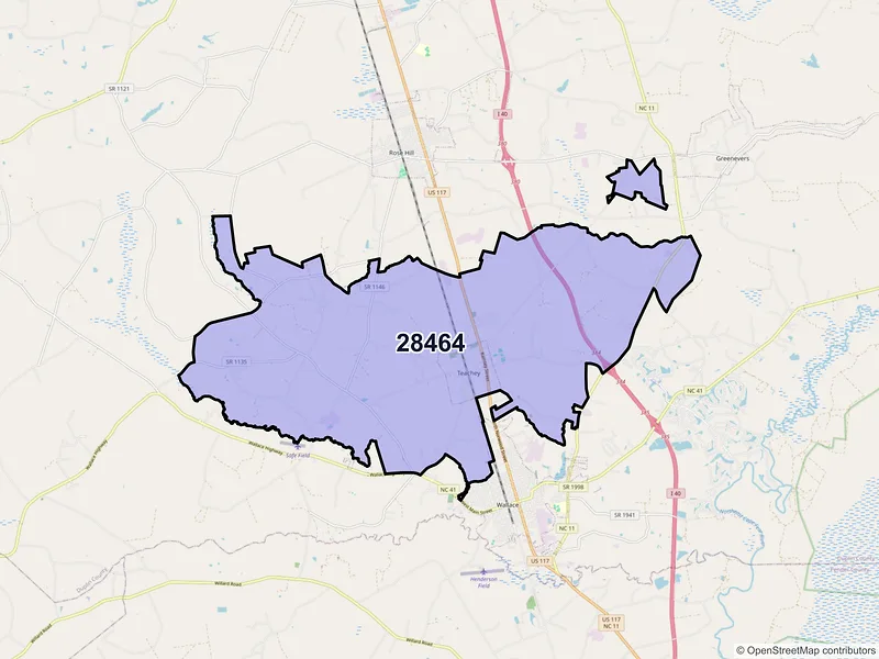 Map of ZIP Code 28464 — Teachey, NC