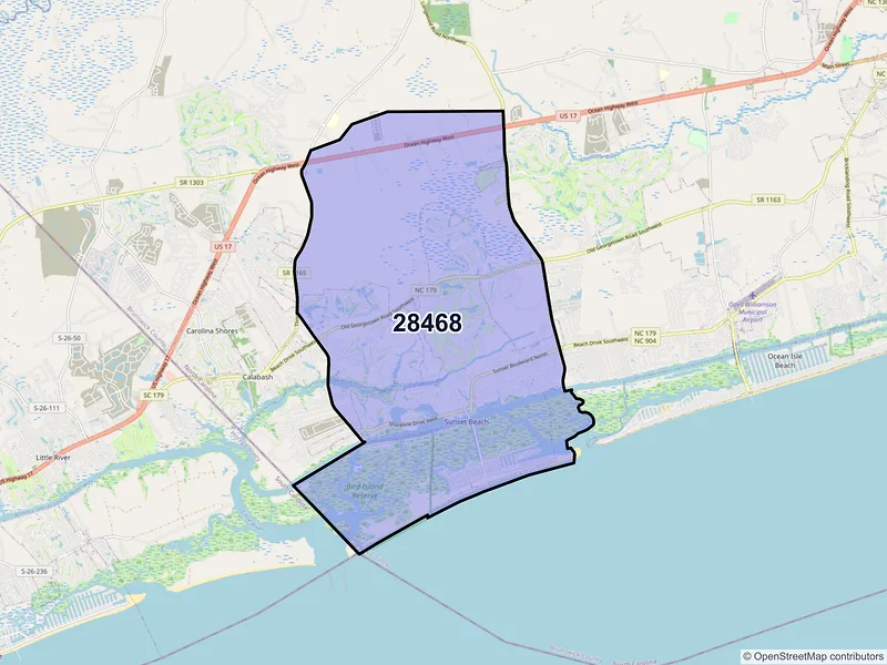 Map of Sunset Beach, North Carolina and ZIP codes