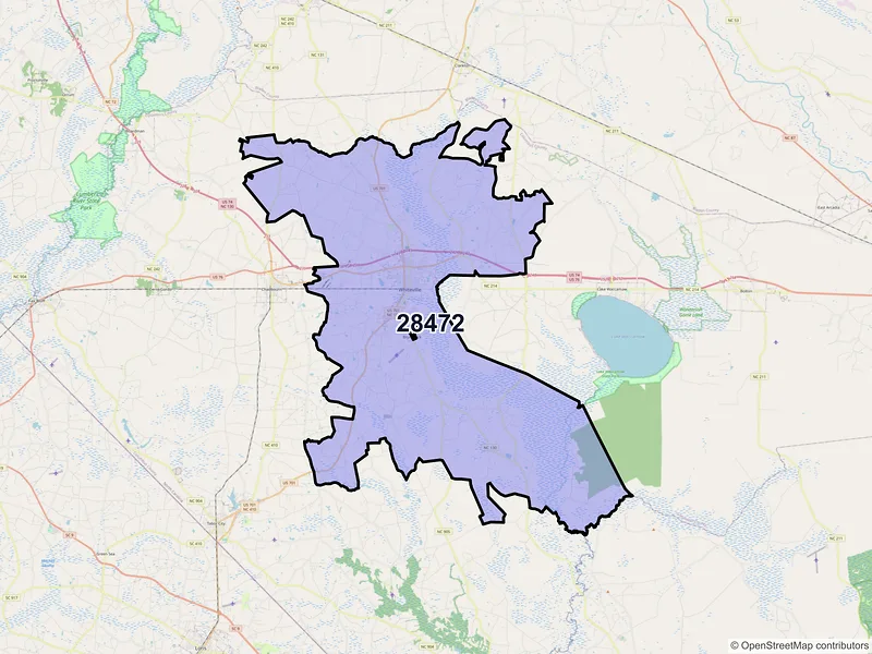 Map of ZIP Code 28472 — Whiteville, NC